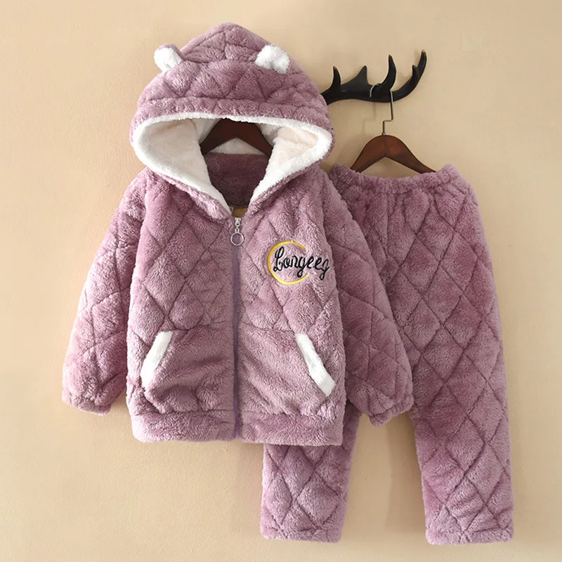 

Hooded Children Pajamas Set Autumn Winter Flannel Leisure Suit Three-layer Cotton Thick Coral Velvet Girl Sleepwear Home Clothes