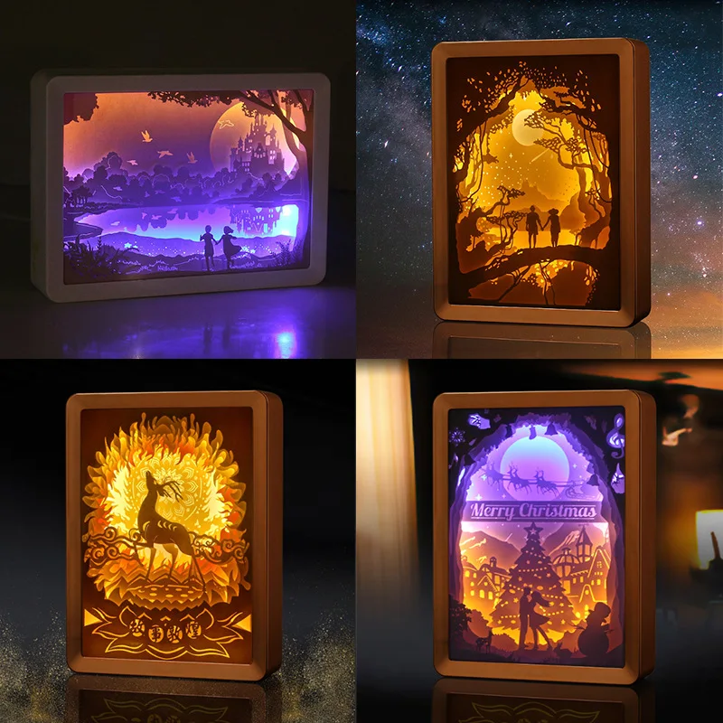 LED Novelty Night Light Christmas Paper-cut Atmosphere Lamp 3D Paper Carving Art Lamp USB Power for Living Room Bedroom Decor