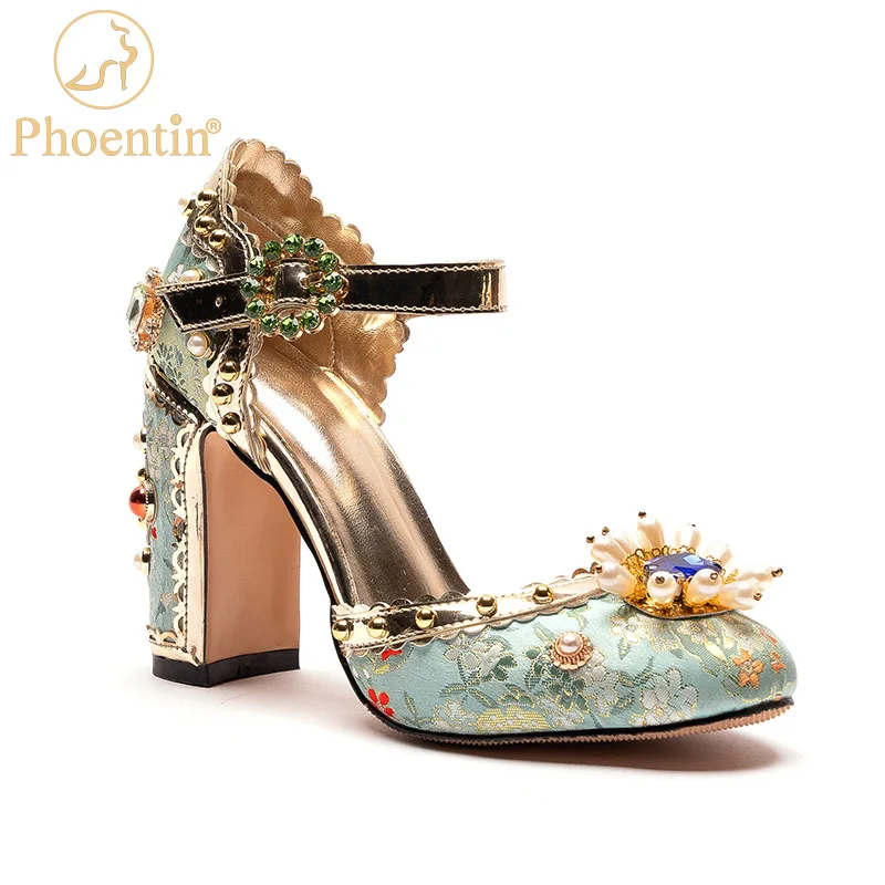 Phoentin Women Party Shoes Embroidered Bridal High Heels 2021 Luxurious Wedding Shoes Silk Green Retro Crystal Mary Janes FT1373