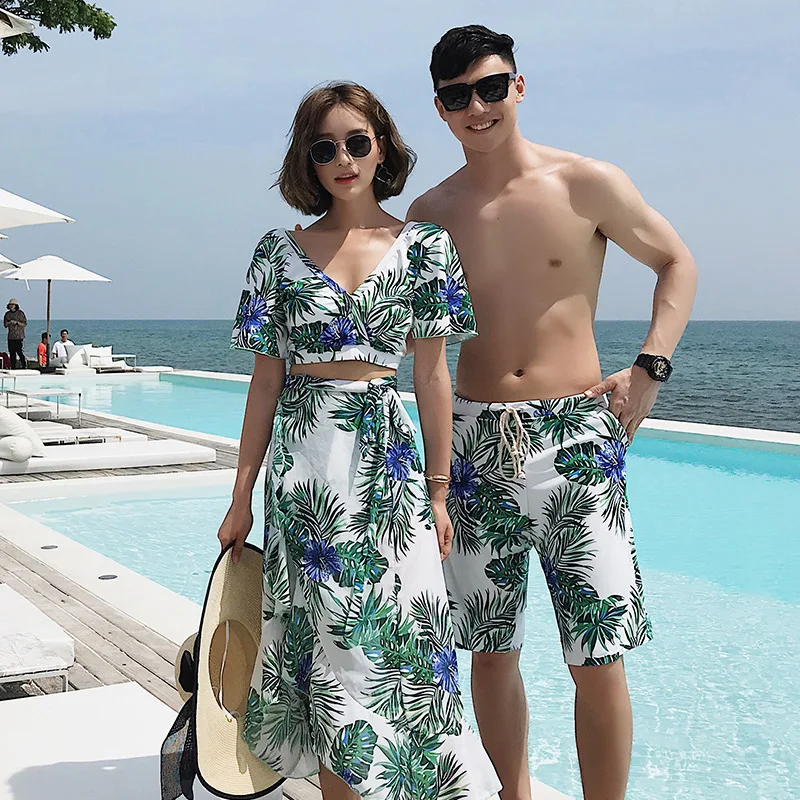 2021 Summer New Fashion Print Couple Swimsuit Women 3 Piece Bikini Set Swimwear Sexy Backless Beach Wear Quick Dry Men Shorts