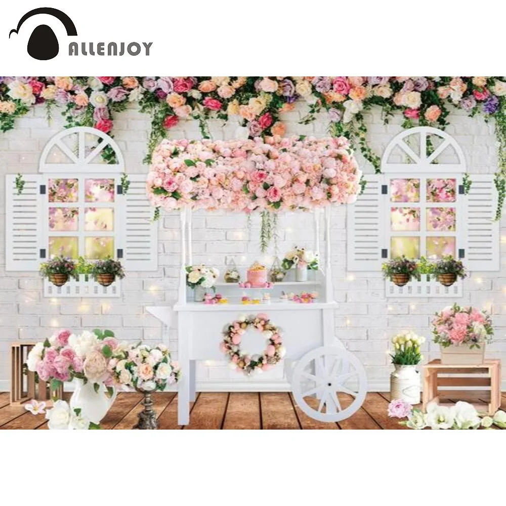 

Allenjoy Spring Easter Flowers Backdrop Garden Floral Cart Window White Brick Wall Newborn Baby Photography Backgrounds Banner