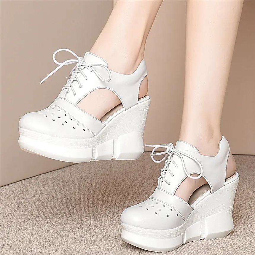 

Summer Pumps Shoes Women Lace Up Cow Leather Platform Wedges High Heel Gladiator Roman Sandals Female Round Toe Fashion Sneakers