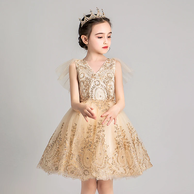 Golden Sequins Tulle Children\'s Princess  V-neck Wedding Dress Flower Girl Evening Dress Baby Girl  Pageant First Communion Gown