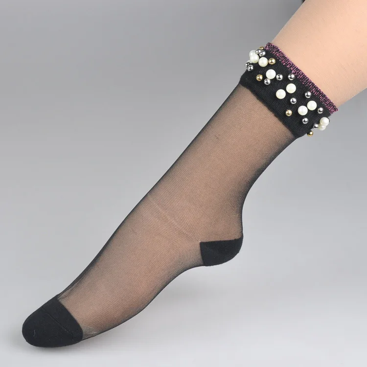 KASURE New Fashion Pearl Beads Thin Mesh Ankle Socks Transparent Ultrathin Shiny Sexy Female Socks