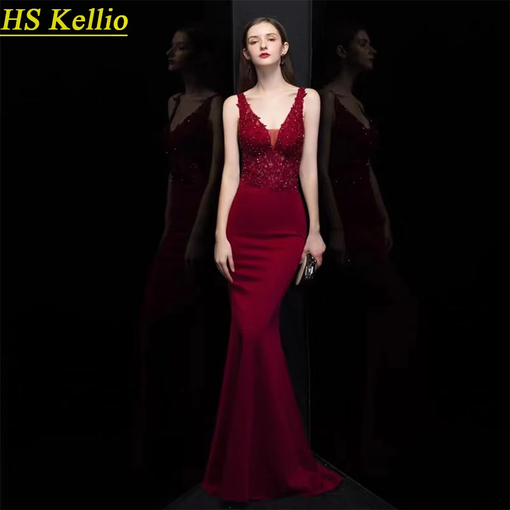 

Evening-Dress-Long Pretty Sexy Vneck Evening-gown Mermaid Burgundy Color HS Kellio