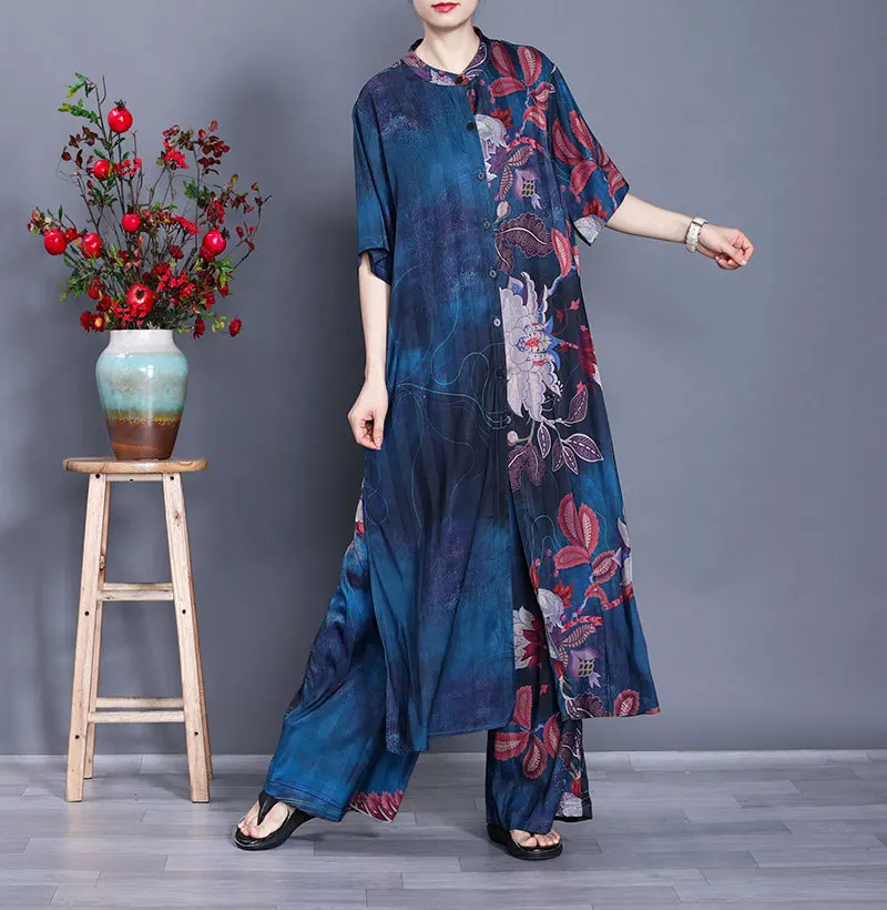 Retro Summer New Product Large Size Loose Lady Temperament Printing Silk Shirt Top And Wide Leg Pants Two Piece Set Fashion Nati