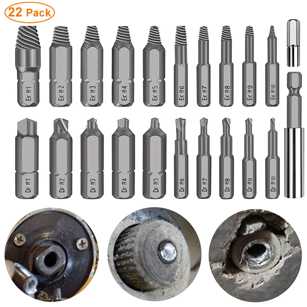 22pcs HSS Damaged Screw Extractor with Plastic Box Screw Extractor Screwdriver Drill Bits Broken Bolt Stud Remover Tools