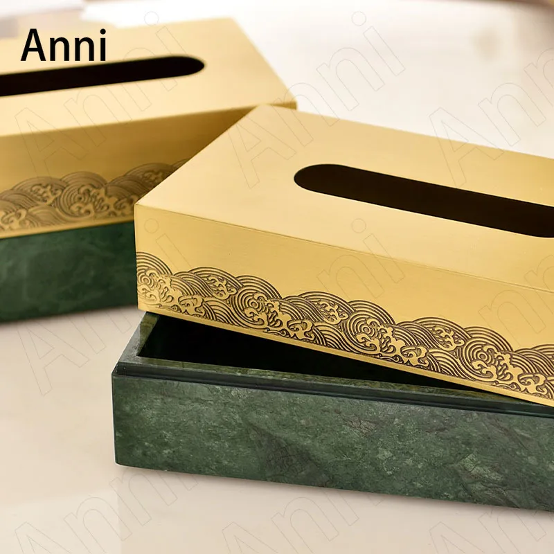 New Chinese Marble Brass Tissue Boxes Creativity Light Luxury Xiangyun Texture Paper Towel Storage Box Living Room Decoration