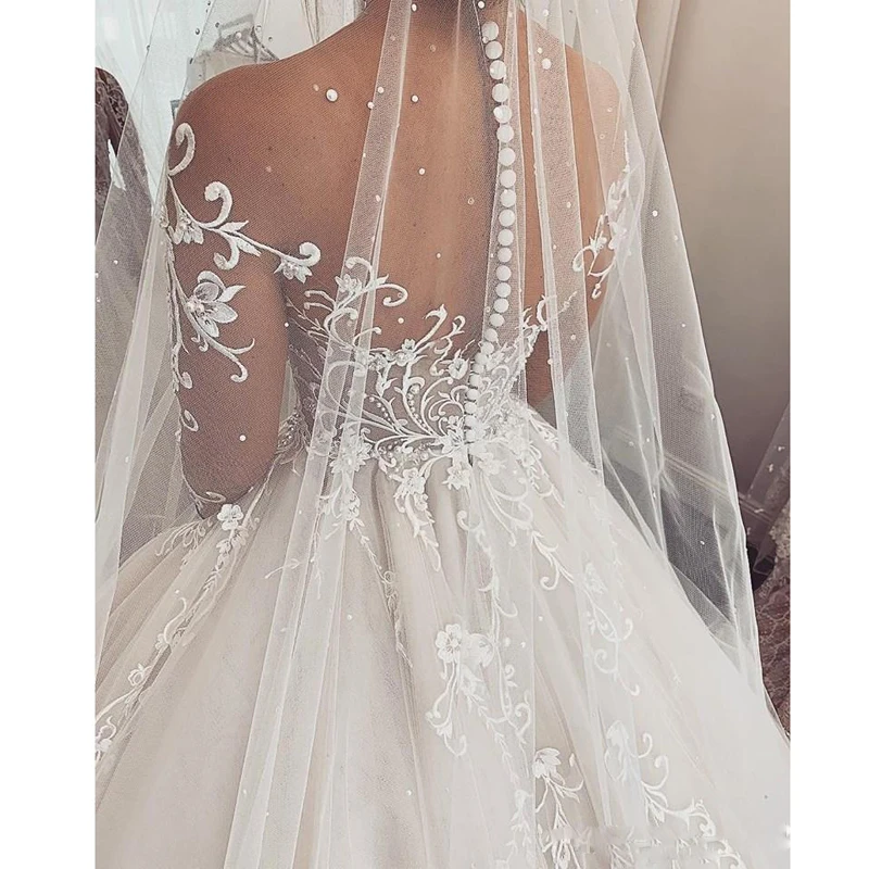 Encantador vestido de novia de encaje, manga larga transparente, ilusión hecha a medida, línea A, 2020