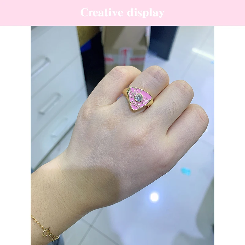 ZHUKOU gold color rings for women Geometric Triangle Dripping oil Enamel Women's Open Ring Fashion Jewelry Wholesale VJ303