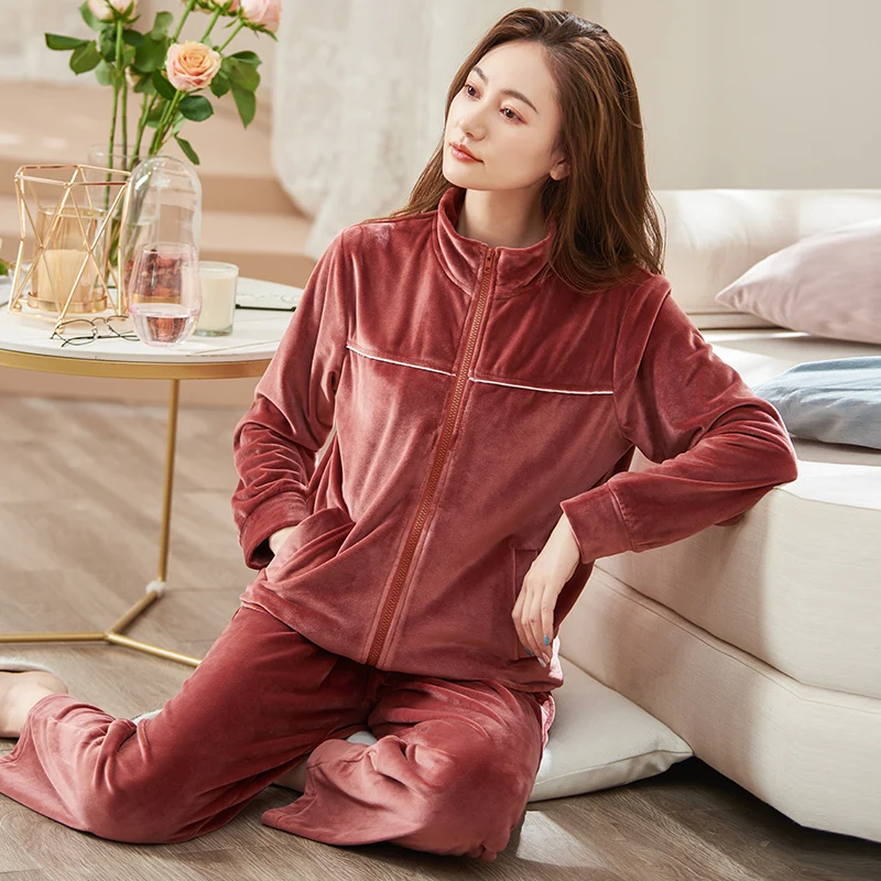 Mới Mùa Đông Dài Tay Đảo Nhung Pyjamas Nữ Dày Dép Nỉ Dây Kéo Cardigan Bộ Đồ Ngủ Thời Trang Lớn Thước Pijamas Mujer