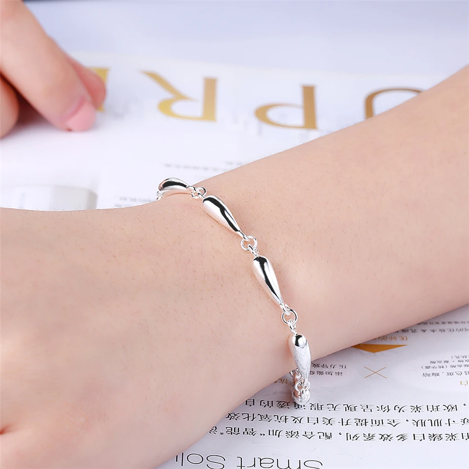 DOTEFFIL 925 Sterling Silver 18 Inch Chain Water Drops Chain Necklace Bracelet Earring Ring Set For Women Wedding Jewelry