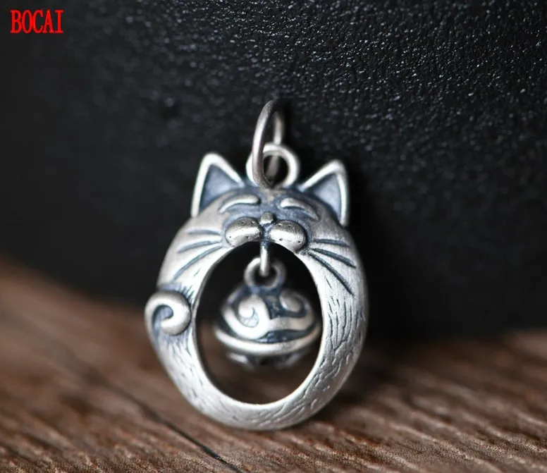 

S925 Silver Vintage Fashion Art Cat Silver Bell Clavicle Chain Pendant