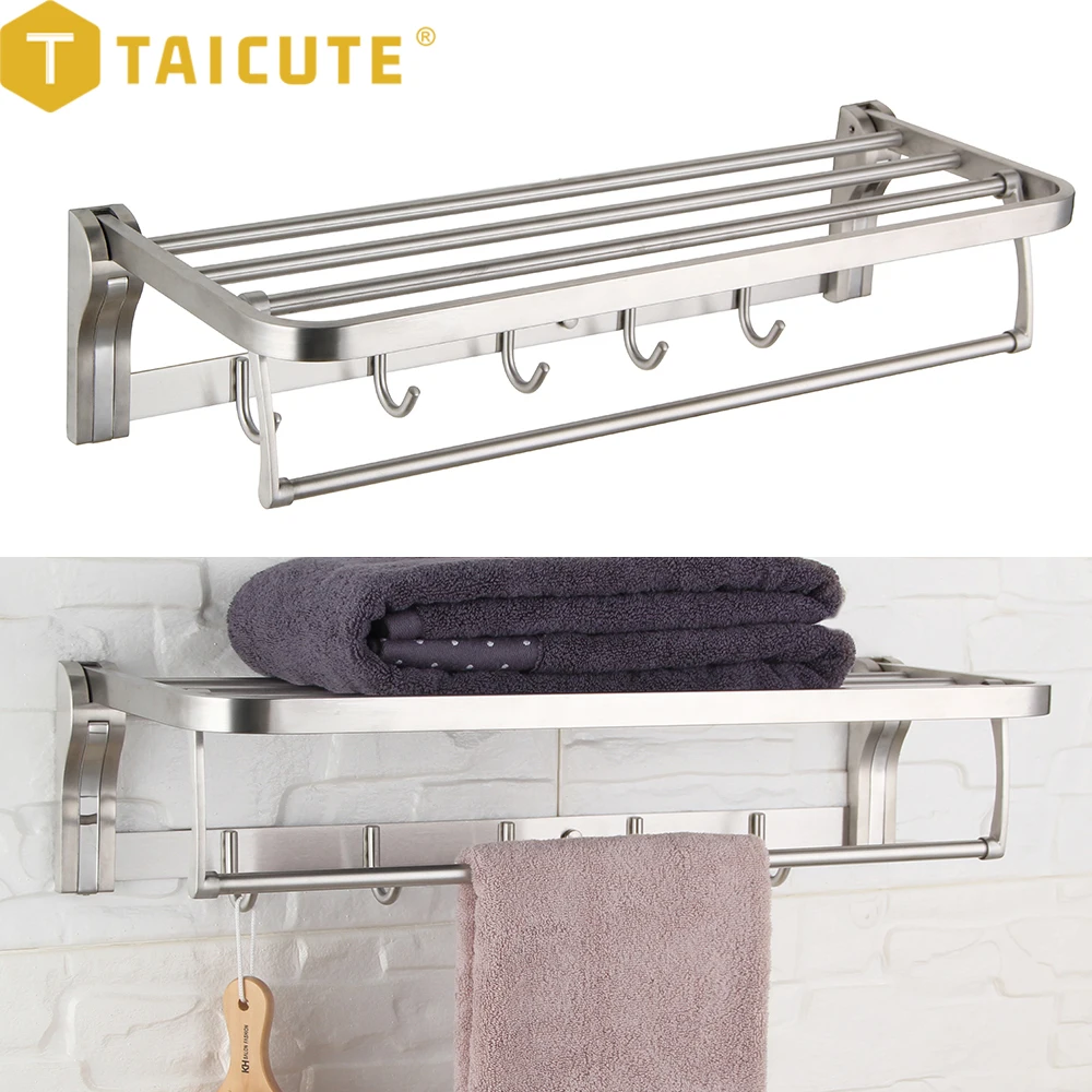 TAICUTE Towel Rack Shelf with Hooks Movable Bar SUS 304 Stainless Steel Holder Wall Mount Bathroom Accessories Black