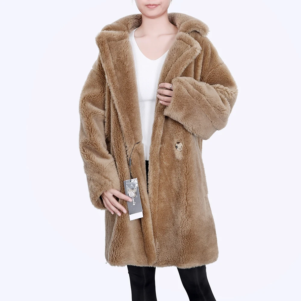 

2020 fashion women coats and jackets winter natural wool sheepskin mid-length coat keeps warm and loose