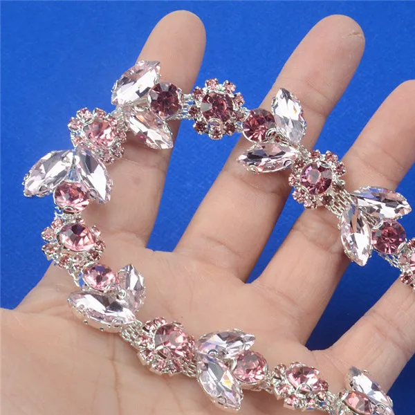 1 Yard Pink Beautiful Sunflowers Leaves Crystal Rhinestone Chain Trimming For Diy Clothes Accessory Dress Belts Jewelry Applique