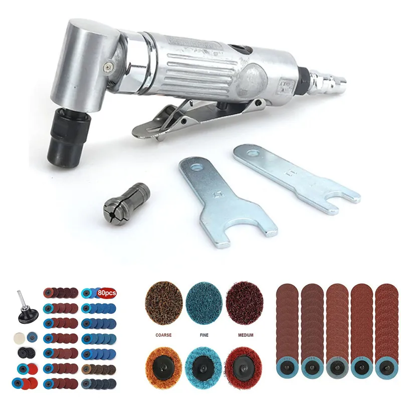 1/4 inch Air Angle Die Grinder 90 Degree Pneumatic Grinding MachinePolisher Mill Engraving Machine with Sanding Discs Tool Kit