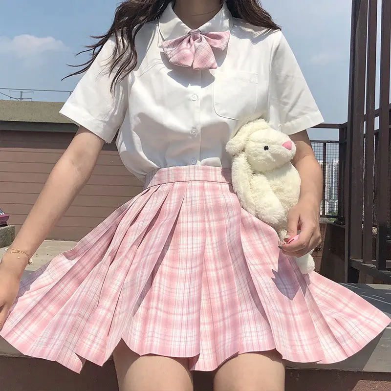 Women Harajuku Preppy Style Sweet Kawaii Pleated Plaid Skirt Summer Korean Jk Uniform High Waist Mini A-Line Skirts Female