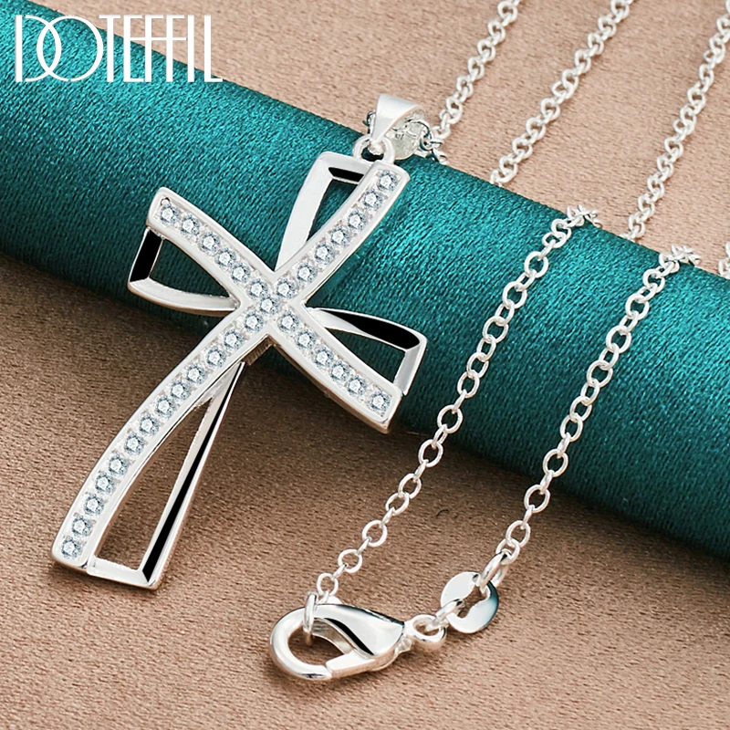 DOTEFFIL 925 Sterling Silver 16-30 Inch Chain Cross AAA Zircon Pendant Necklace For Woman Fashion Wedding Party Charm Jewelry