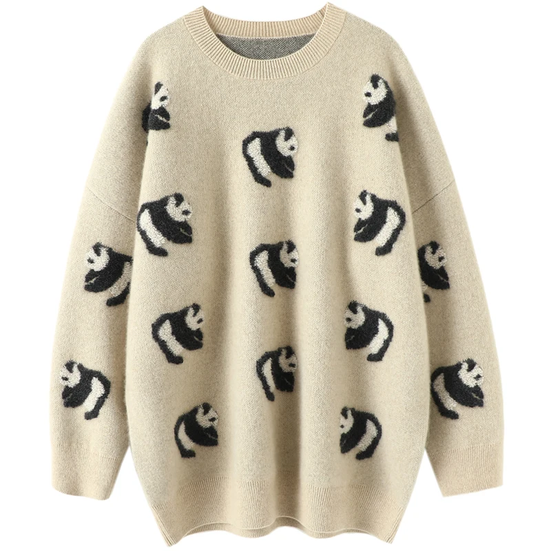 

aliaga europe new panda jacquard 100% cashmere sweater knitwear womens drop shoulder oversized jumper double layer tops