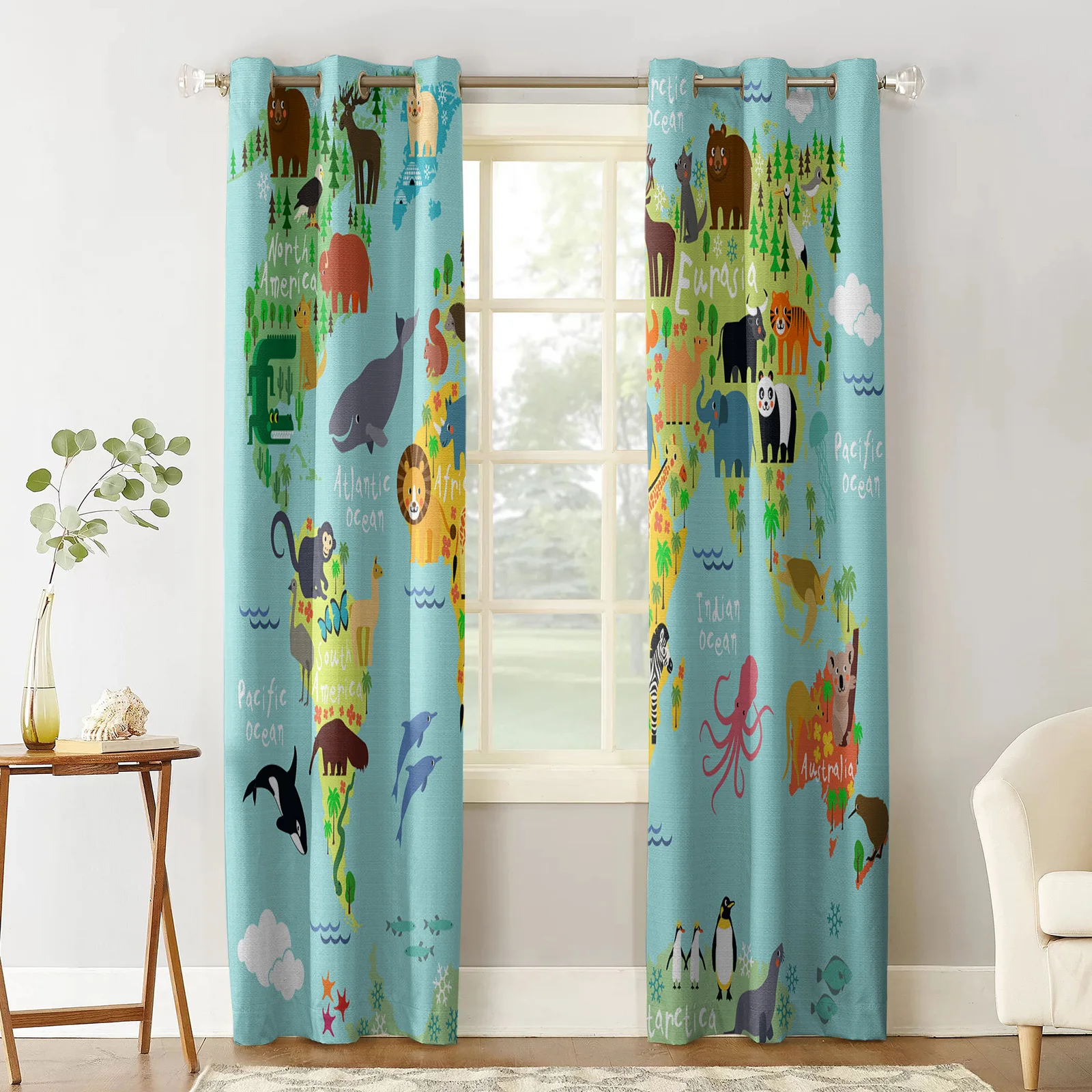 Cartoon Animal World Map Curtain for Living Room Bedroom Curtain Window Drapes Kids Room Curtains