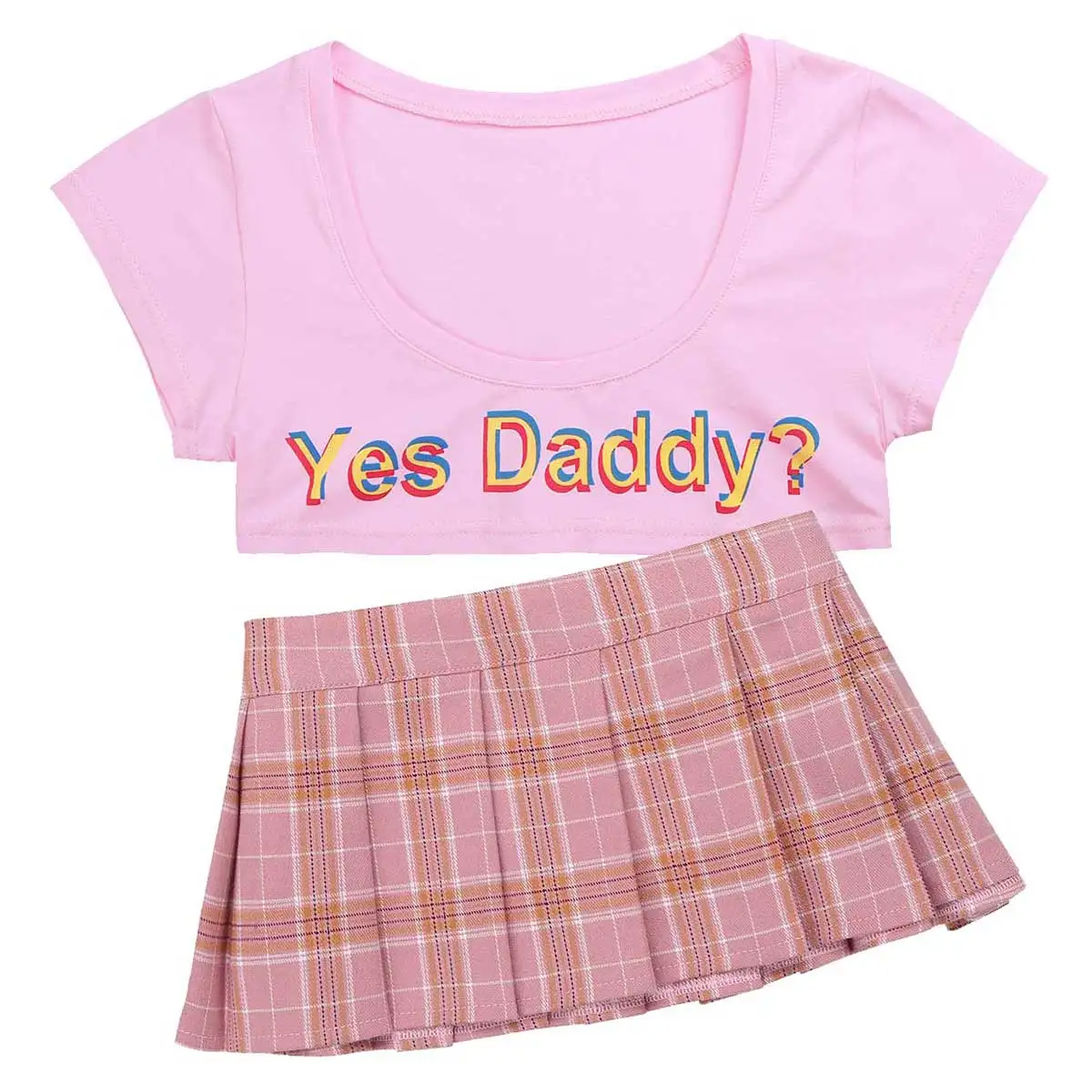 Womens Japanese Lingerie Parties Sexy School Girls Costumes Clubwear Yes Daddy? Letter Crop Tops with Mini Plaid Pleated Skirt