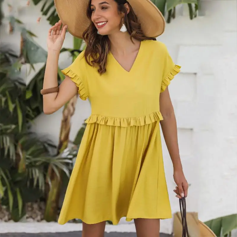 Casual Solid V-neck Women Dress Summer Short Sleeve Ruffle High Waist A-line Loose Mini Dresses Fashion Holiday Female Dress