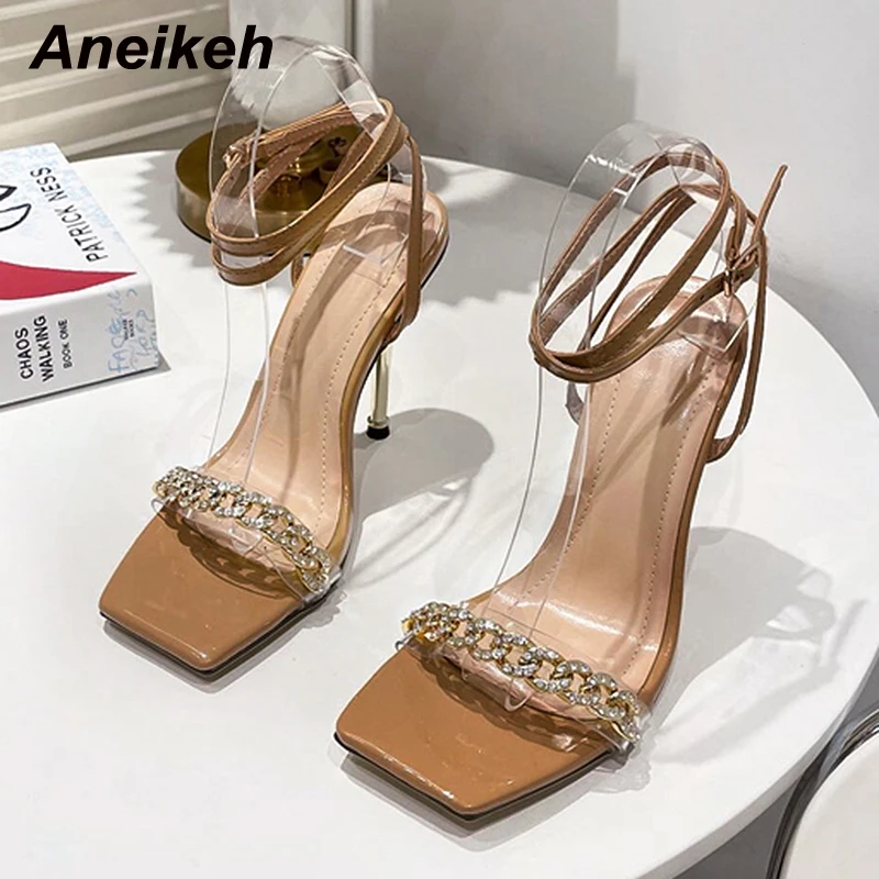 Aneikeh 2024 New Crystal Metal Chain Decoration Fine Heel Sandals Women\'s Transparent PVC Summer Sweet Buckle Strap Heels 35-41