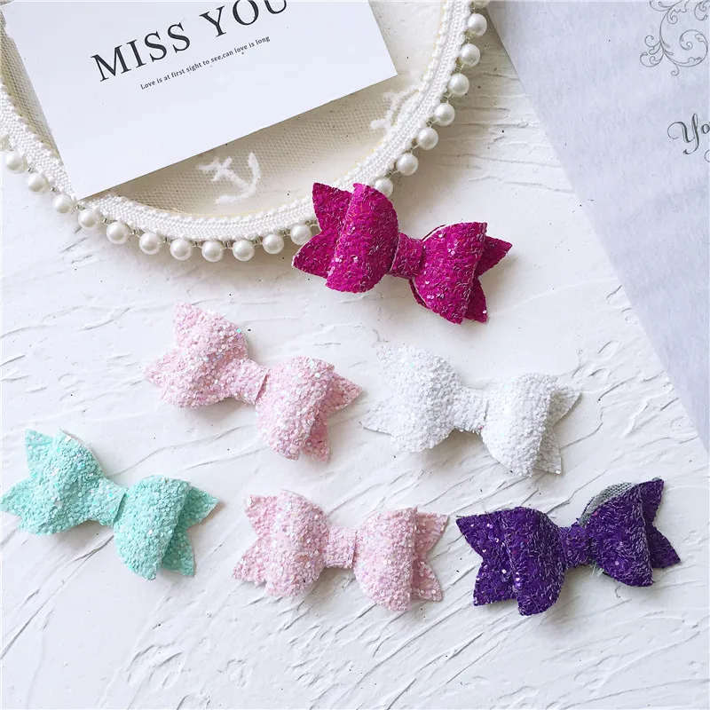 12PCS CM 6*3cm Glitter Leather Hair Bow With Fully Covered For Hair Clips Bowknot Boutique Hair Bows For Headbands