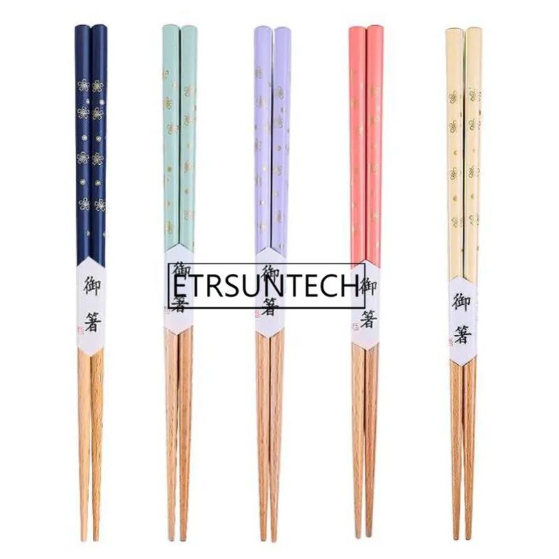 200pairs  Japanese Style Wooden Chopsticks Pointed Colorful Flower Tableware Long No Slip Chopsticks