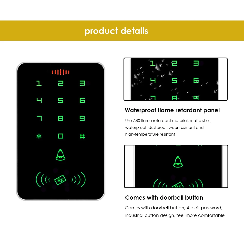 13.56Mhz RFID Backlight Wiegand Input Touch Screen Proximity Card Keypad Access Control EM MF Card Reader Door Gate Lock Opener