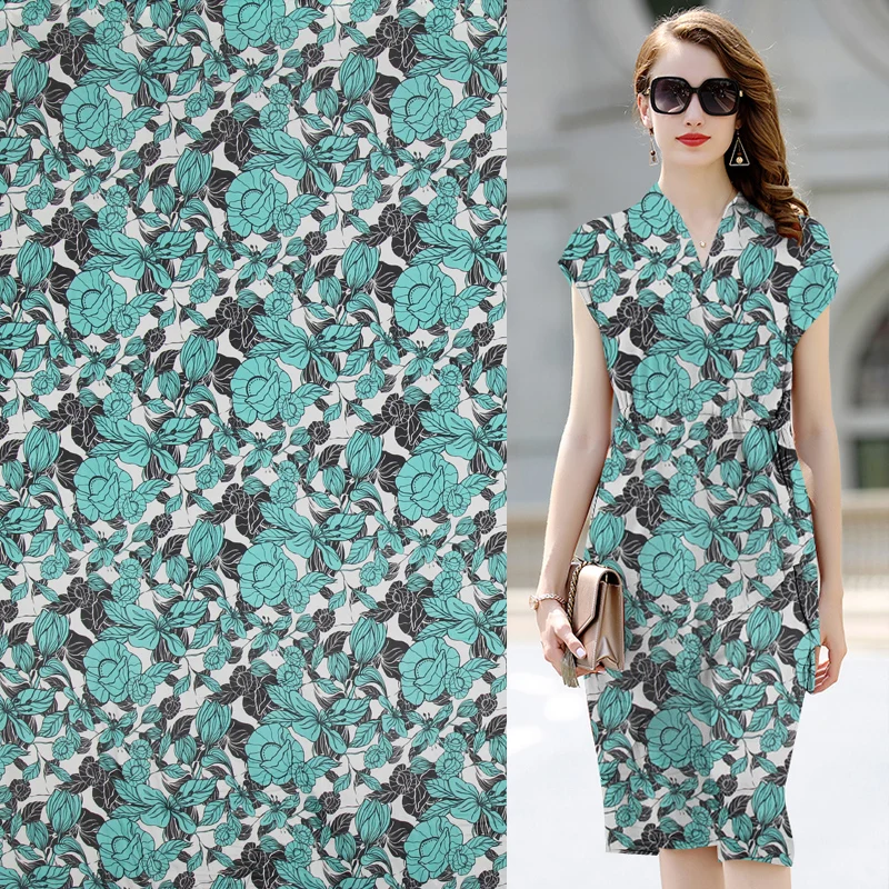 100% Silk Crepe DE chine fabric green floral print 140cm width 15momme,SCDC879