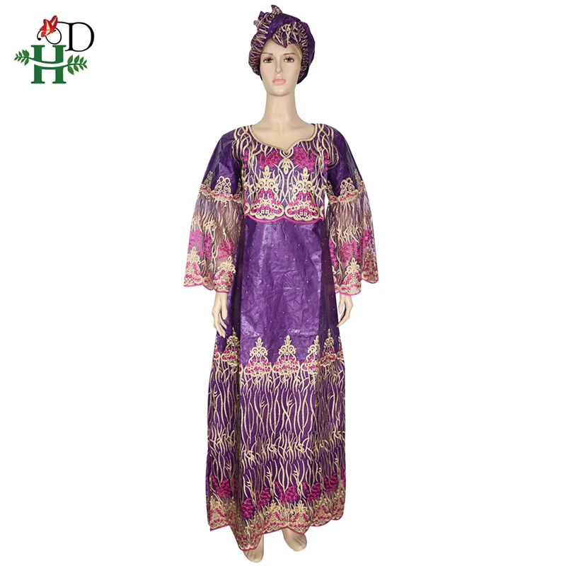 H & D-vestidos africanos para mujer, vestido de encaje bordado con envolturas para la cabeza, ropa de mujer de Sudáfrica, vestidos largos Bazin Riche Dashiki