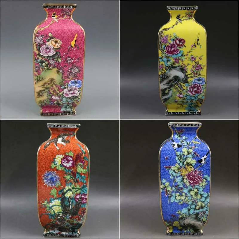 1 Pcs Chinese Colour Enamel Porcelain Gilt Edge Flower Bird Design Vase 9.92