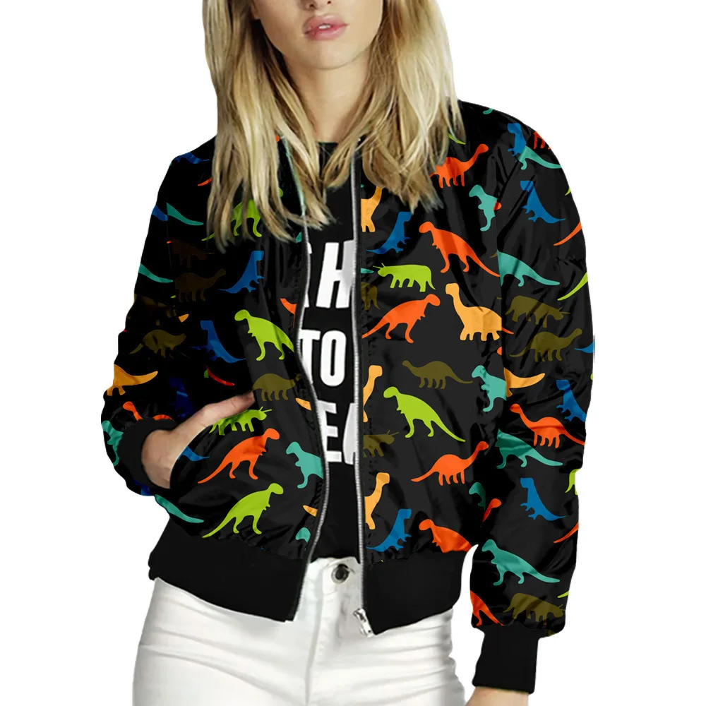 

Women Jackets Retro Dinosaur Printed Ladies Zipper Up Bomber Outwear Autumn Long Sleeve Thin Slim Casual Pocket Biker Coats