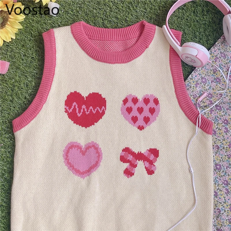 Japanese Cute Lolita Heart Shaped Jacquard Knitted Pullovers Spring Autumn Women Loose JK Sweater Vest Girly Sweet Waistcoat