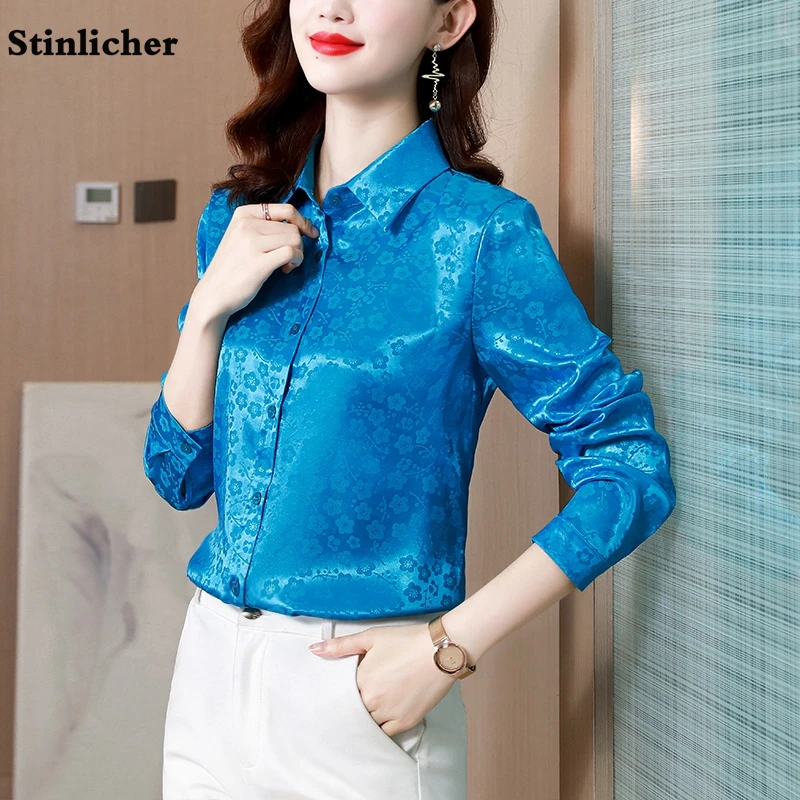 Elegant Office Ladies Flower Work Shirts Women Satin Silk Blouse Fashion Slim Spring Autumn Long Sleeve Silk Shirt Party Tops