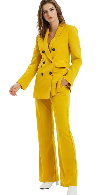 Yellow Double Breasted Business Pant Suits for Women Plus Size Ladies Pantsuit Blazer+Pants for Work Pantsuit for Wedding Party