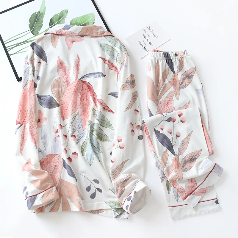 Kupokasi 2 Pieces Pajamas Set Women Cotton Pink Plant Printing Long Sleeves Trousers V-neck Knitted Autumn Sleepwear Suit