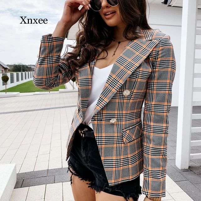 Women Plaid Blazer Double Breasted Pockets Jacket Office Ladies Blazer Notched Collar Female Slim Blazer Coat Talever Clothing Blazers AliExpress