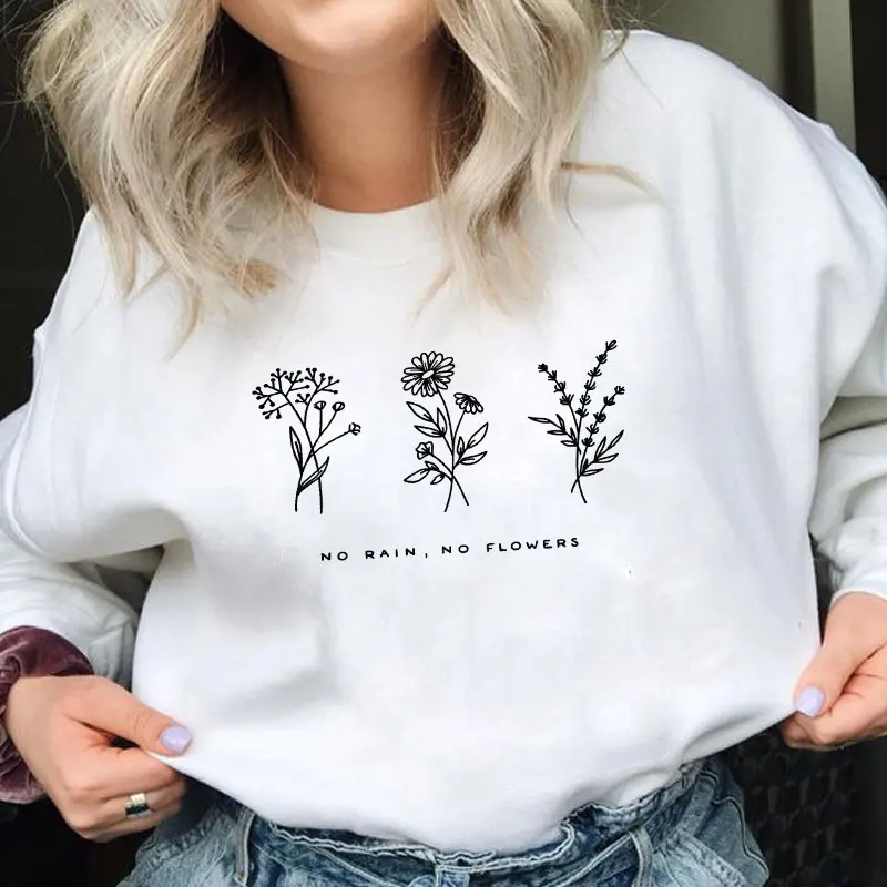 

No Rain No Flowers Sweatshirts Vintage 80s Style Floral Print Hoodies Autumn Women Inspired Graphic Jumper Pullover Streetwear