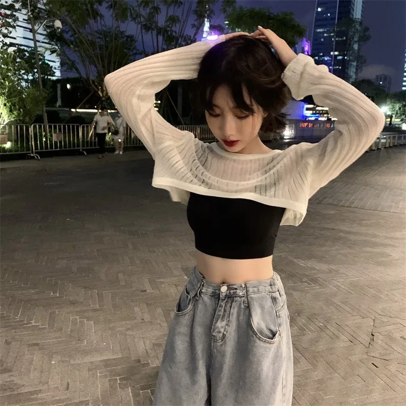 Summer Women See-through Long-sleeved Sunscreen Tshirt Long Sleeve Streetwear Autumn Tee Tops Black Sweaters