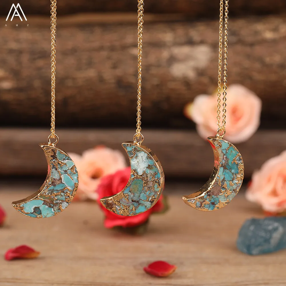 Natural Gold Line Turquoises Moon Shape Pendant Gold Tennis Chains Necklace For Women Stone Beads Adjustable Necklace Jewelry