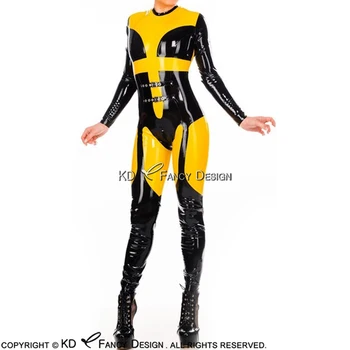 Black And Yellow Sexy Latex Catsuit With Buckles Back Zipper Space Rubber Bodysuit Zentai Overall Body Suit LTY-0101