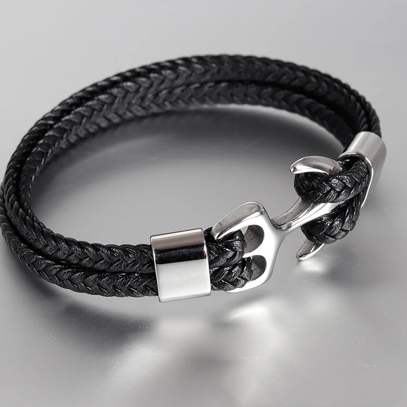 Genuine Leather Men Bracelet Hand Braided Rope Multilayer Leather Stainless Steel Anchor Bracelet Classic Bangle Sport Jewelry