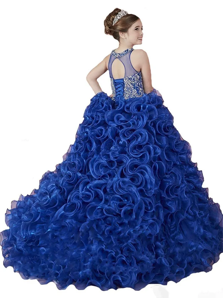 Vestidos de niña de las flores azul real de lujo sin mangas, vestido de desfile de fiesta de cumpleaños de princesa pequeña, vestido de desfile de primera comunión