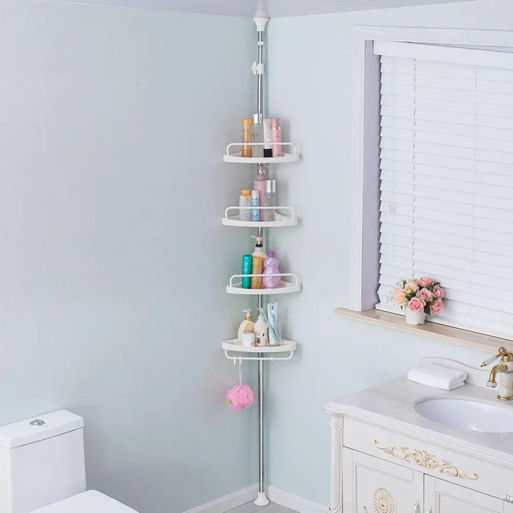 4 Tier White Height Tension Metal Bathroom Toilet Corner Storage Shelf Shower Toiletries Organizer Rack for Home DQ601D