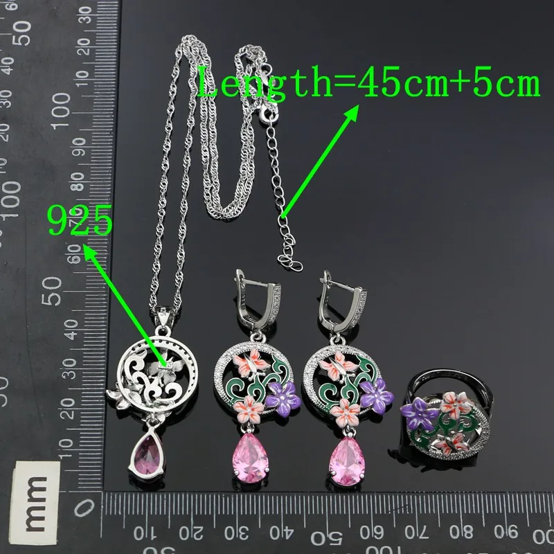 925 Silver Bridal Jewelry Set For Women Wedding Colorful Enamel Pink Cubic Zirconia Drop Earrings Ring Pendant Necklace