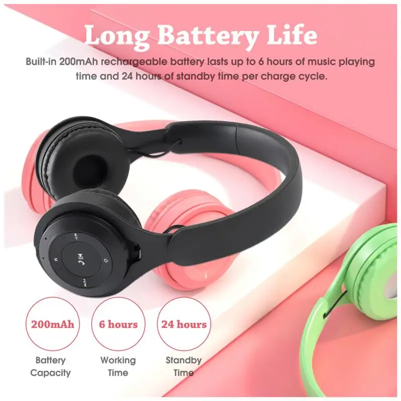 Bluetooth 5 0 Headphone Wireless Head Mount Headphone TF Card Rechargeable Headset with Mic Pink