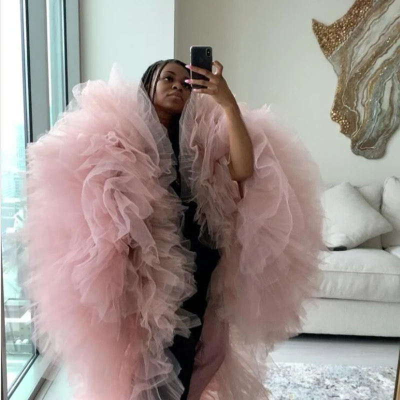 

New Arrival Middle Length Women Puffy Ruffles Tulle Tops Real Image Gray Women Cape Pink Trendy 2020 Tops Female Clothing Custom